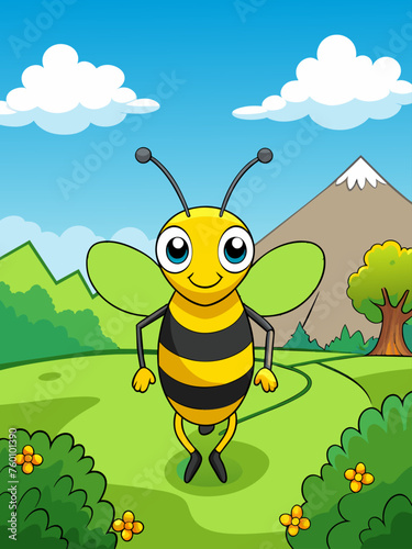 The busy and tireless bees buzz around the lush green meadow, with vivid flowers swaying gently in the breeze.