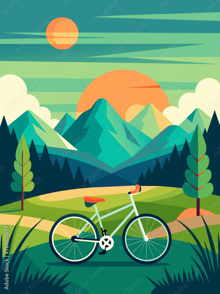 A lone cyclist pedals through a picturesque mountain landscape, surrounded by rolling hills and a clear blue sky.