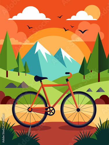 A lone biker pedals along a winding path, surrounded by a vibrant landscape of rolling hills and lush greenery.