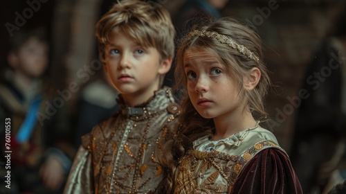 A boy and a girl swapping traditional gender roles in a school play, with the girl playing the knight and the boy playing the damsel in distress