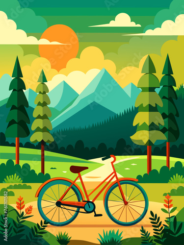 A lone biker pedals along a winding path, surrounded by a vibrant landscape of rolling hills and lush greenery.