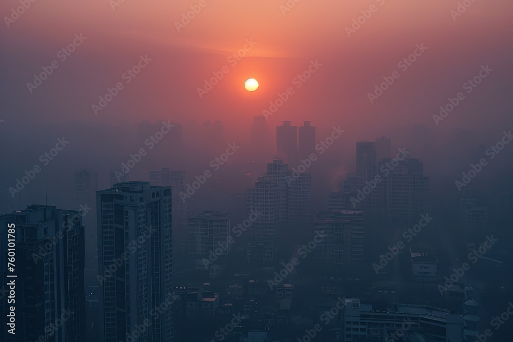 A sunrise obscured by PM 2.5 pollution the sun struggling to shine through the thick smog