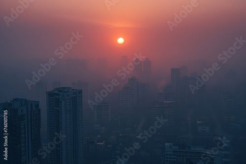 A sunrise obscured by PM 2.5 pollution the sun struggling to shine through the thick smog