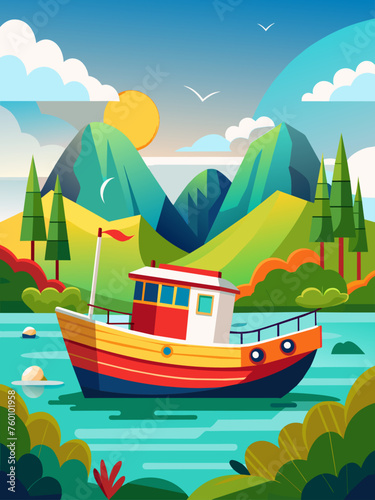 A boat sails through a peaceful lake surrounded by lush greenery and distant mountains.