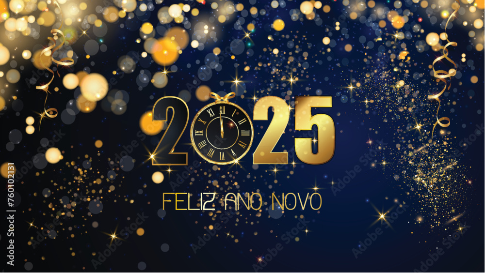 cartão ou banner para desejar um feliz ano novo 2025 em ouro o 0 é substituído por um relógio em fundo azul com círculos dourados e glitter em efeito bokeh - obrazy, fototapety, plakaty 
