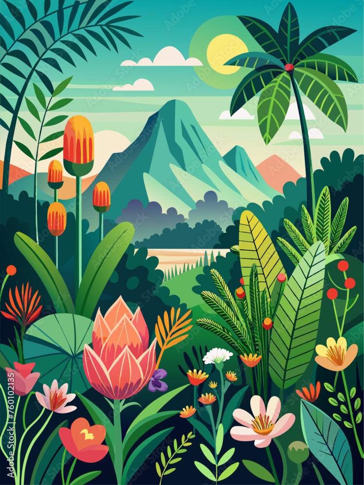 Obraz premium Vibrant botanical vector landscape background featuring lush greenery and intricate floral details.