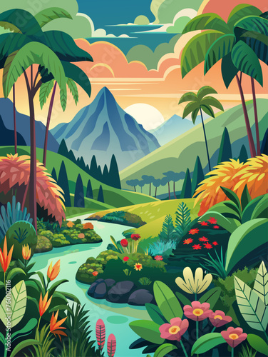 A lush botanical landscape with verdant foliage, vibrant flowers, and a serene pond.