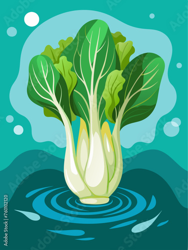 Water droplets glisten on the emerald leaves of bok choy, captured against a serene blue background.