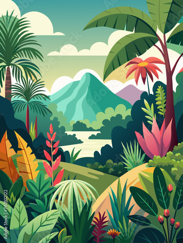 Botanical vector landscape background features lush greenery  vibrant flowers  and a flowing river  creating a serene and tranquil scene.