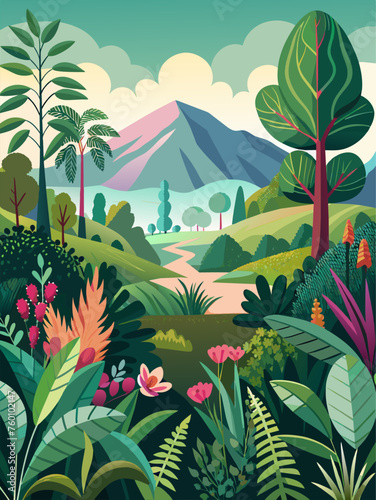 A lush botanical landscape with verdant foliage, vibrant flowers, and a serene pond.