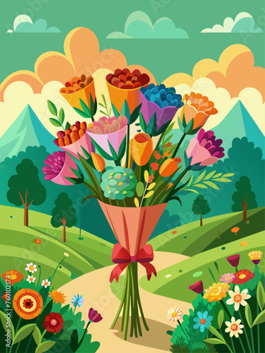 Bouquets of vibrant flowers adorn a picturesque landscape, creating a breathtaking backdrop.
