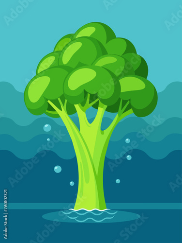 Broccoli floats serenely in a pool of water, its vibrant green hue creating a striking contrast against the clear liquid.