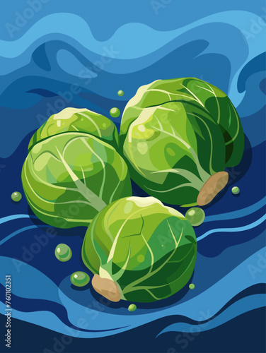 Fresh brussels sprouts floating in water with a vibrant green background.