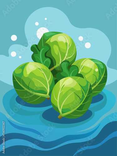 Fresh brussels sprouts floating in water with a vibrant green background.