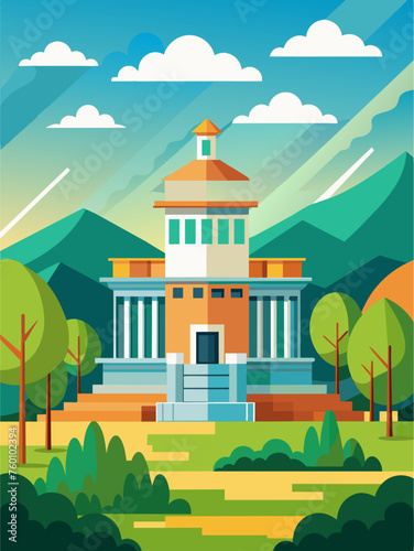 Building vector landscape background with mountains, houses, and trees.