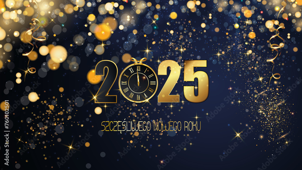 karta lub baner z życzeniami szczęśliwego nowego roku 2025 w złocie 0 zostaje zastąpione zegarem na niebieskim tle ze złotymi kółkami i brokatem w efekcie bokeh - obrazy, fototapety, plakaty 