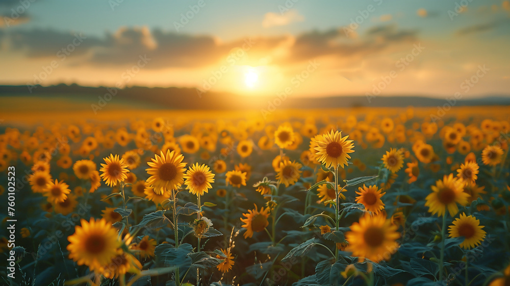 A field of sunflowers at sunset