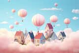 Whimsical scene of pastel houses nestled among clouds, with hot air balloons