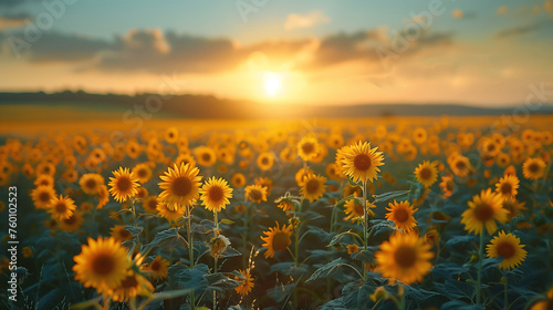 A field of sunflowers at sunset