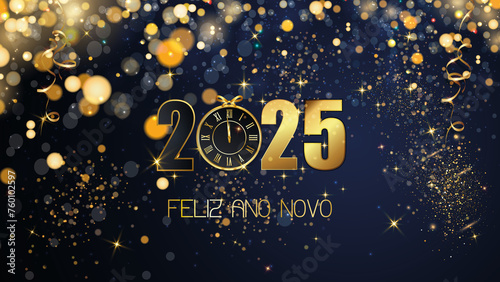 cartão ou banner para desejar um feliz ano novo 2025 em ouro o 0 é substituído por um relógio em fundo azul com círculos dourados e glitter em efeito bokeh