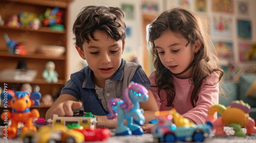 A boy and a girl swapping favorite toys, with the boy playing with a sparkle pony and the girl assembling a robot, both showing joy and fascination A boy and a girl swapping favorite toys, with the boy playing with a sparkle pony and the girl assembling a robot, both showing joy and fascination