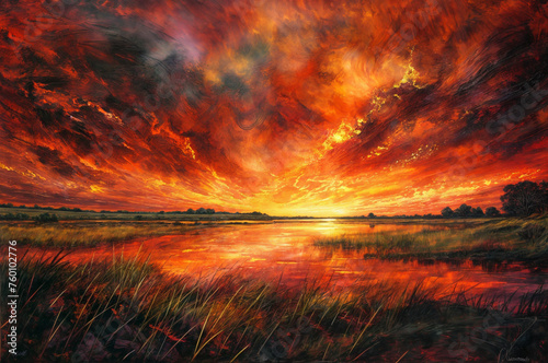 Fiery Sunset Reflections  Vibrant Marshland Scene