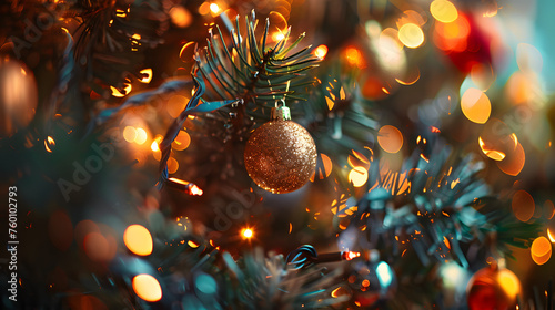 La joie de Noël : un spectacle lumineux avec un arbre magnifiquement décoré, débordant de boules colorées et de lumières scintillantes et floues