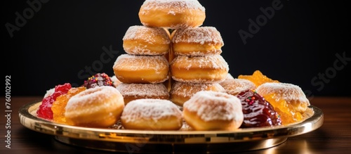 A stack of delicious donuts placed on a table, showcasing the baked goods made from a recipe of flour, sugar, and other ingredients. A staple food in many cuisines