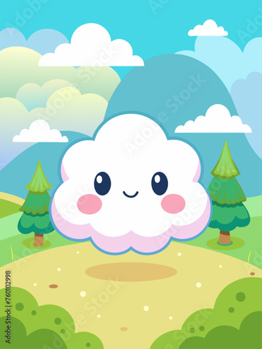 Fluffy white clouds adorn a charming pastel sky in this adorable vector landscape.