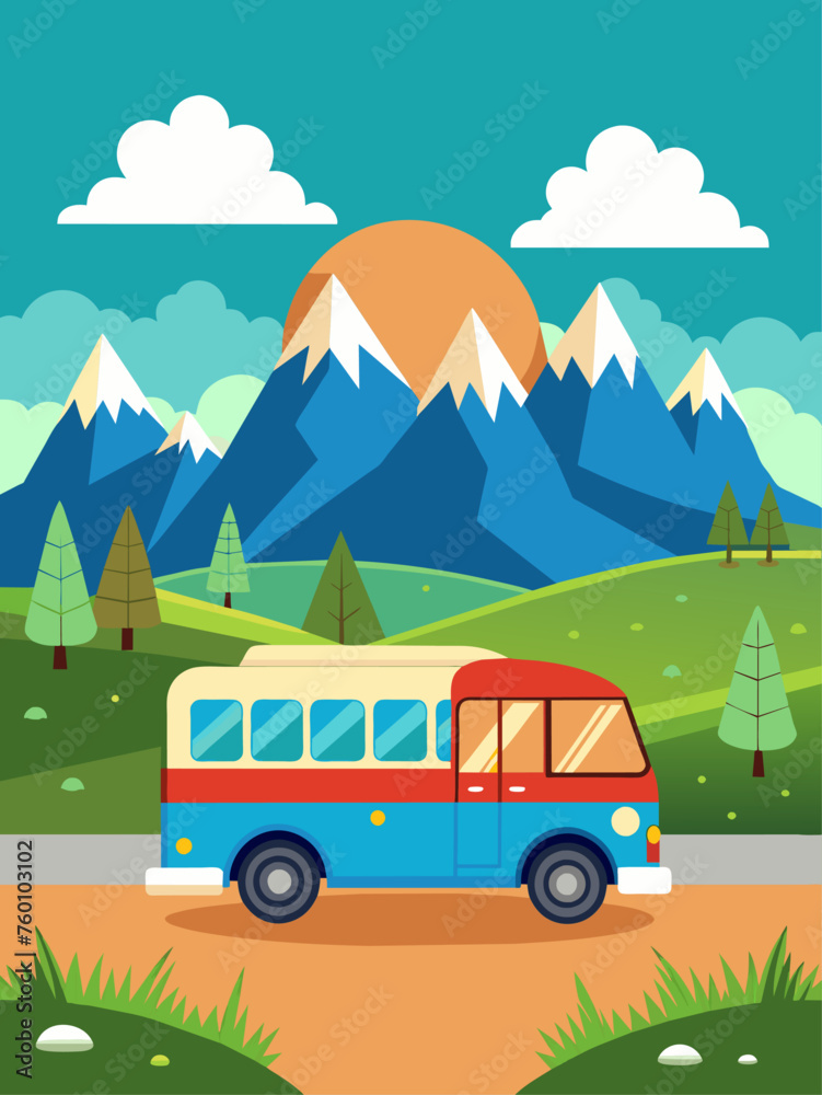 Vector art showcasing a serene landscape with a multitude of buses.