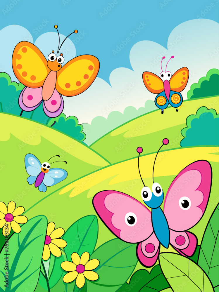 Butterflies flutter through a picturesque landscape, creating a whimsical and enchanting scene.