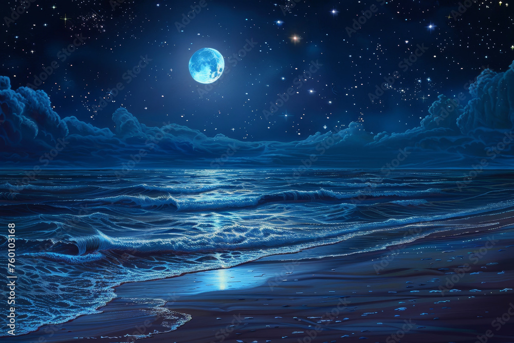 A moonlit beach with gentle waves lapping the shore, stars reflected in the water A moonlit beach with gentle waves lapping the shore, stars reflected in the water