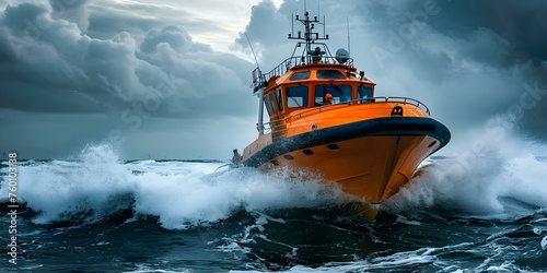 Orange rescue boat navigating choppy stormy seas during emergency operation. Concept Rescue at Sea, Stormy Weather, Emergency Response, Orange Boat, Choppy Waters