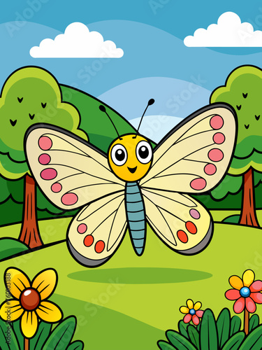 A vibrant landscape adorned with delicate butterflies fluttering against a vibrant sky.