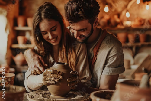 A couple at a pottery class, shaping a clay pot on a wheel. They're focused, their hands covered in clay, and the pot taking shape under their skilled touch