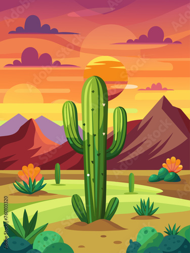 A serene desert landscape with vibrant green cacti set against a warm, golden sky.