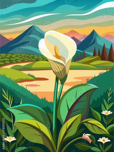 Calla lilies bloom in a serene, verdant valley beneath a vast blue sky.