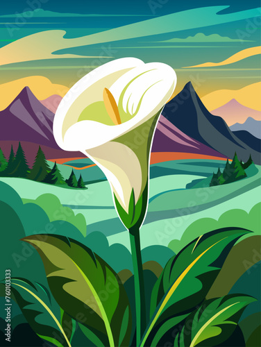 Calla lilies bloom in a serene, verdant valley beneath a vast blue sky.