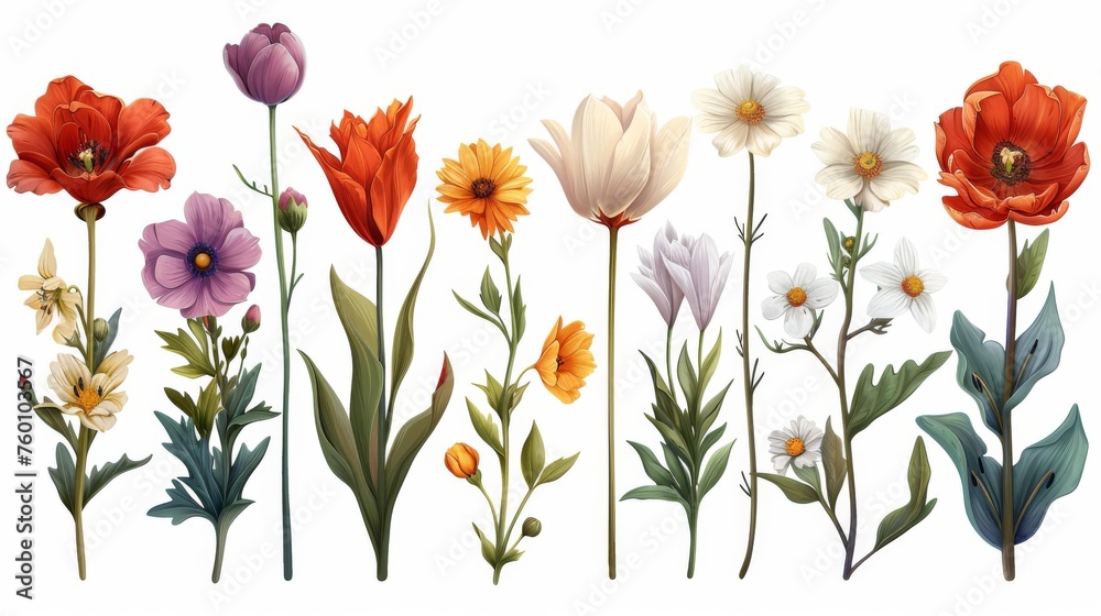  Various Blooming Flowers Including Tulips and Daisies - A Colorful Collection of Botanical Artistry 