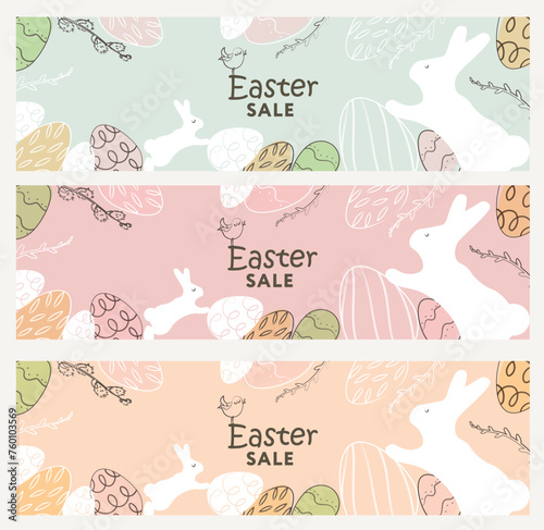 Easter Set of Sale banners. Trendy Easter design with typography, hand painted strokes, eggs and bunny in pastel colors. Modern minimal style. Horizontal poster, greeting card, header for website © Anastasiya