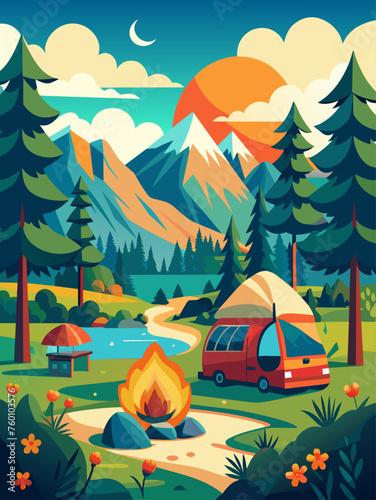 This camping vector landscape background depicts a peaceful campsite surrounded by lush greenery, a tranquil lake, and towering mountains.