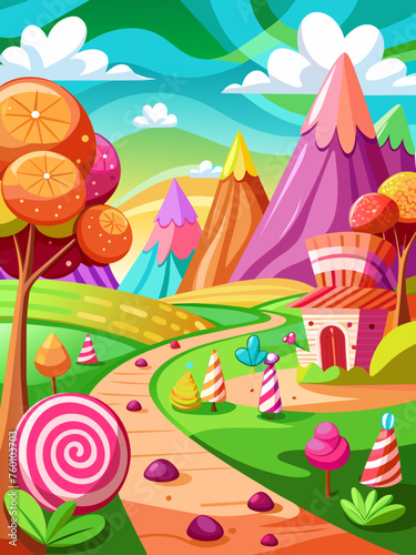 Candy vector landscape background featuring brightly colored candies, lollipops, and other sweets in a whimsical setting.