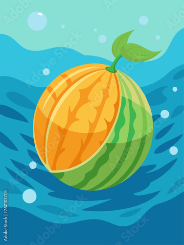 A juicy cantaloupe fruit floats in a refreshing pool of water against a vibrant blue background.