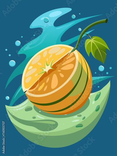 Slices of ripe cantaloupe float in clear water against a vibrant blue background.