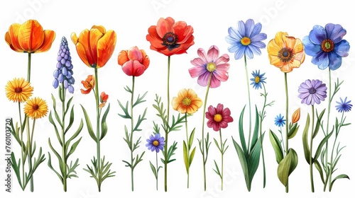  Various Blooming Flowers Including Tulips and Daisies - A Colorful Collection of Botanical Artistry 