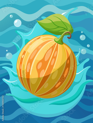 A juicy cantaloupe fruit floats in a refreshing pool of water against a vibrant blue background.