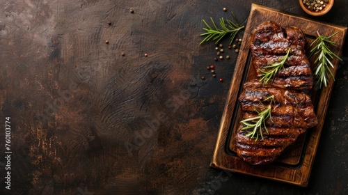 Top view tasty grilled beefsteak with spices on rustic cutting board plate. AI generated image photo