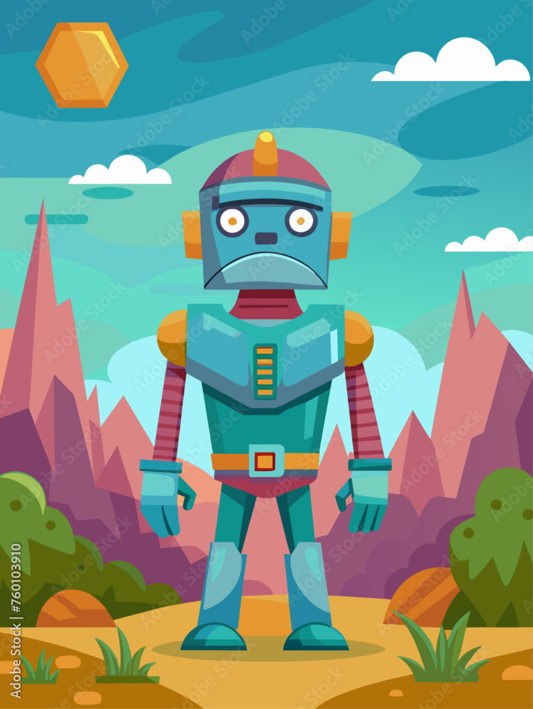 A robot stands in a futuristic landscape with tall towers and flying cars. A robot stands in a futuristic landscape with tall towers and flying cars.