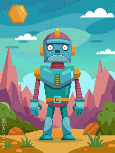 A robot stands in a futuristic landscape with tall towers and flying cars.