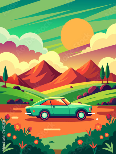 Vector landscape background featuring a car driving through a scenic countryside.